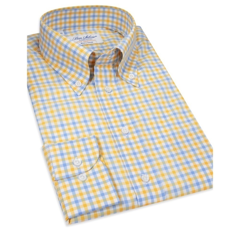Ben Silver Mens Traditional Check Yellow/Blue Button Down Shirt Sz 16-34 Classic